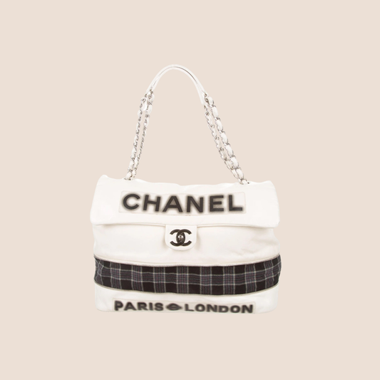 CHANEL WHITE PARIS LONDON EXPANDABLE SHOULDER BAG