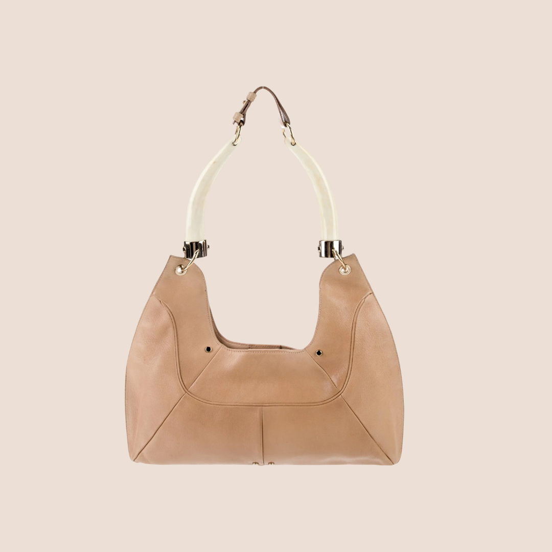 YVES SAINT LAURENT BEIGE LEATHER STRUCTURED MOMBASA SHOULDER BAG