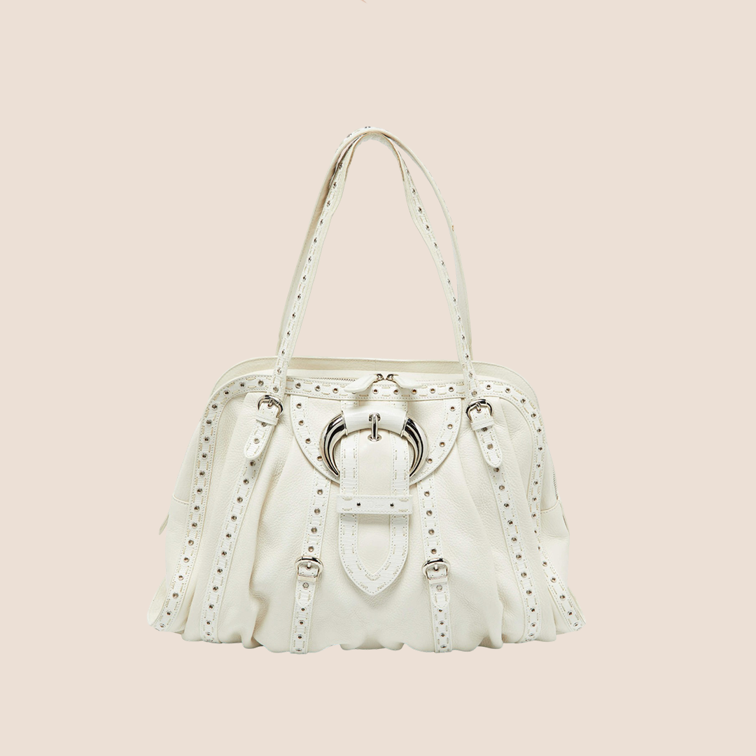CHRISTIAN DIOR WHITE LIZARD LEATHER BUCKLE ZIP SATCHEL