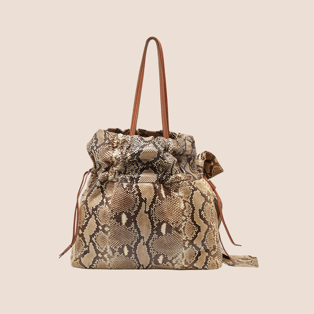 PRADA 2000 BROWN PYTHON BOW DRAWSTRING HOBO BAG