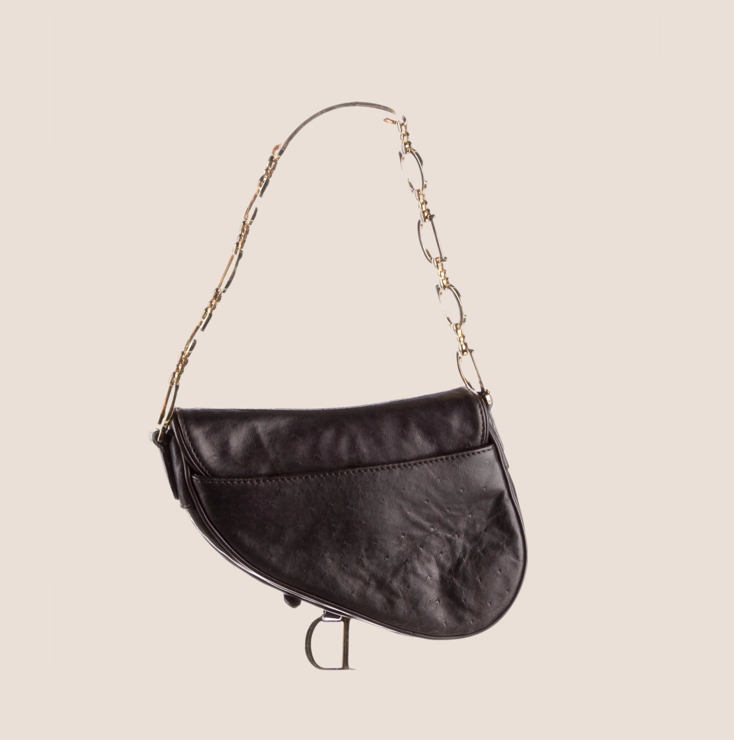 CHRISTIAN DIOR 2000 BROWN OSTRICH LEATHER CHAIN SADDLE BAG