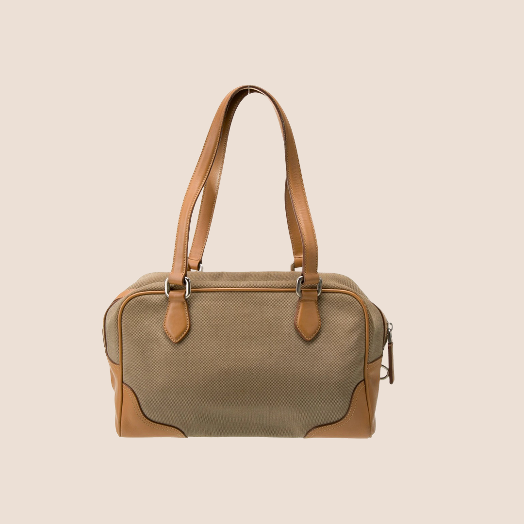 PRADA BEIGE & BROWN JACQUARD BAULETTO BAG
