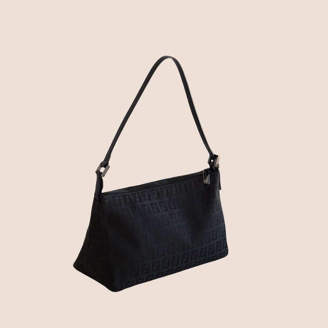 FENDI BLACK ZUCCHINO MINI BAGUETTE SHOULDER BAG