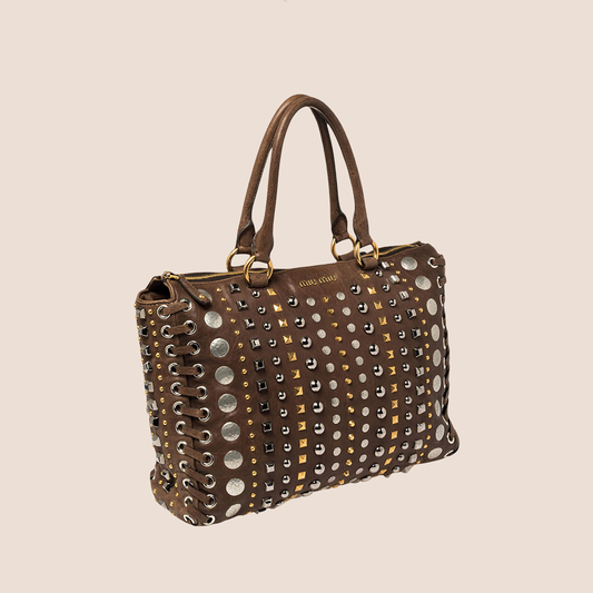 MIU MIU BROWN LEATHER STUDDED TOTE BAG