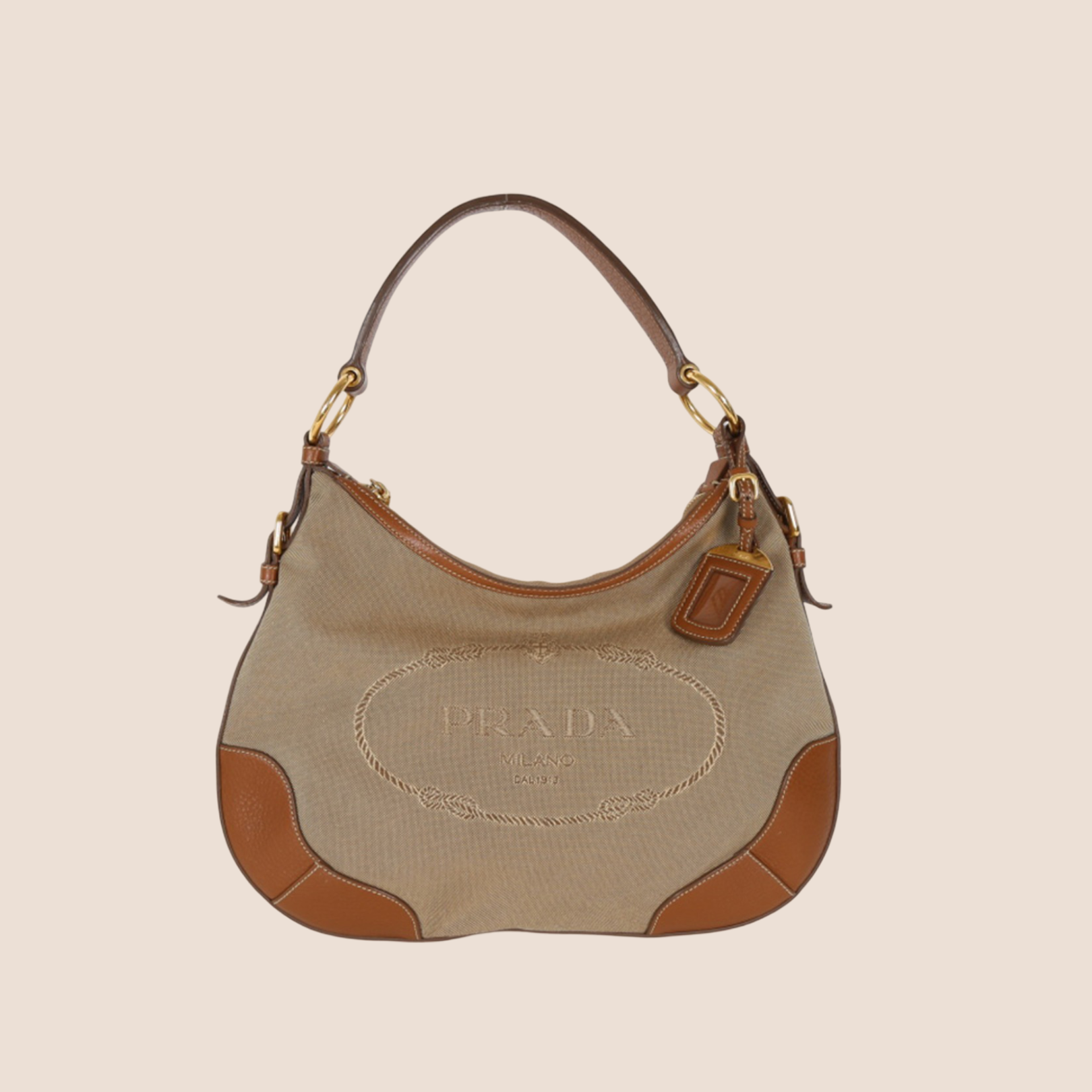PRADA BEIGE TAN JACQUARD LOGO LARGE HOBO BAG - Main Image