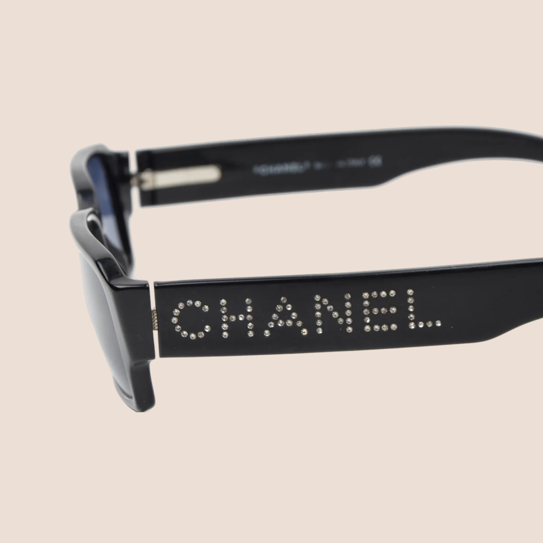 CHANEL 90s BLACK RHINESTONE LOGO RECTANGLE SUNGLASSES