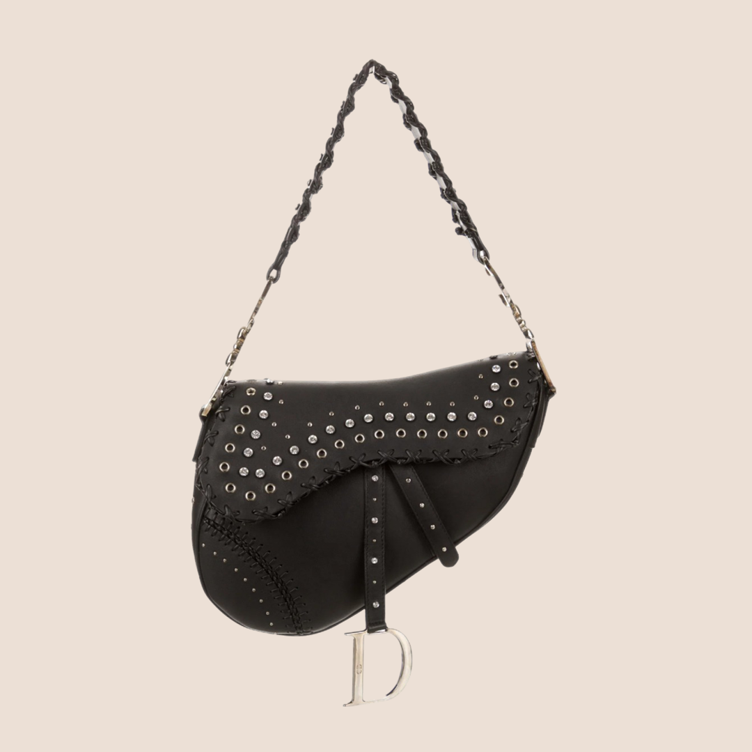 CHRISTIAN DIOR 2004 BLACK CRYSTAL GROMMET SADDLE BAG – RDB CHRISTIAN DIOR 2004 BLACK CRYSTAL GROMMET SADDLE BAG – RDB