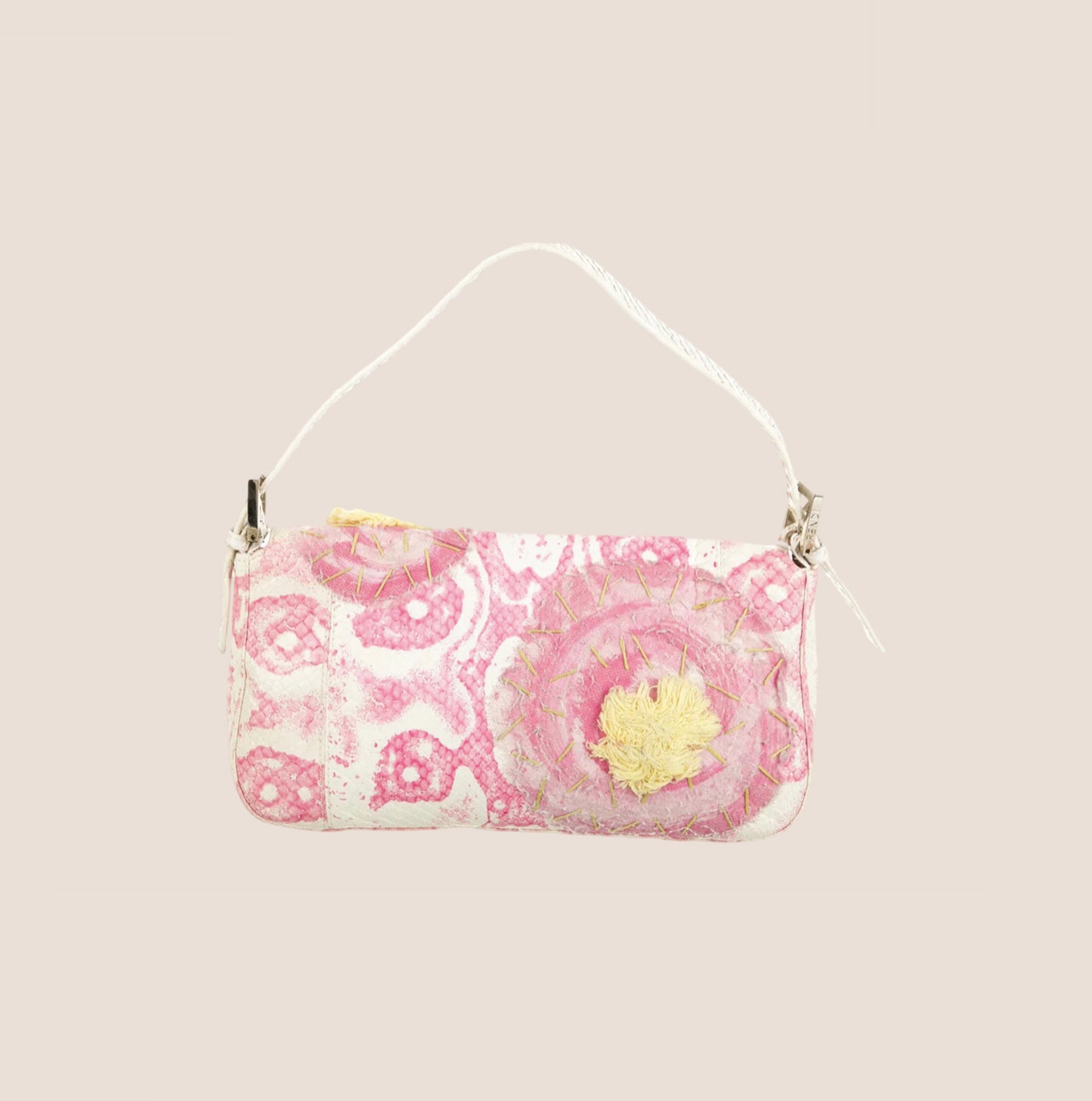 FENDI PINK & WHITE PYTHON FLORAL BAGUETTE BAG