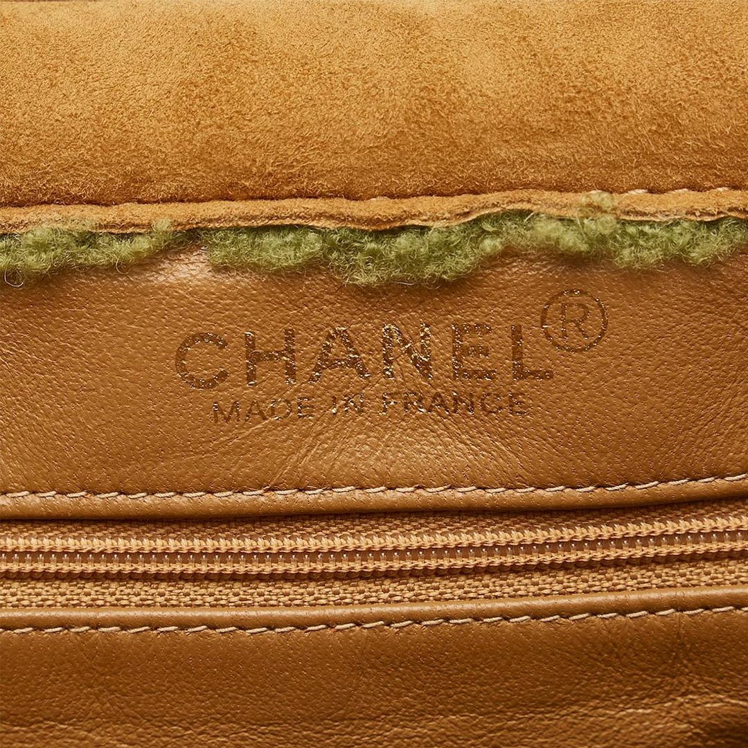 CHANEL BEIGE & GREEN SUEDE SHEARLING TRIM FLAP BAG