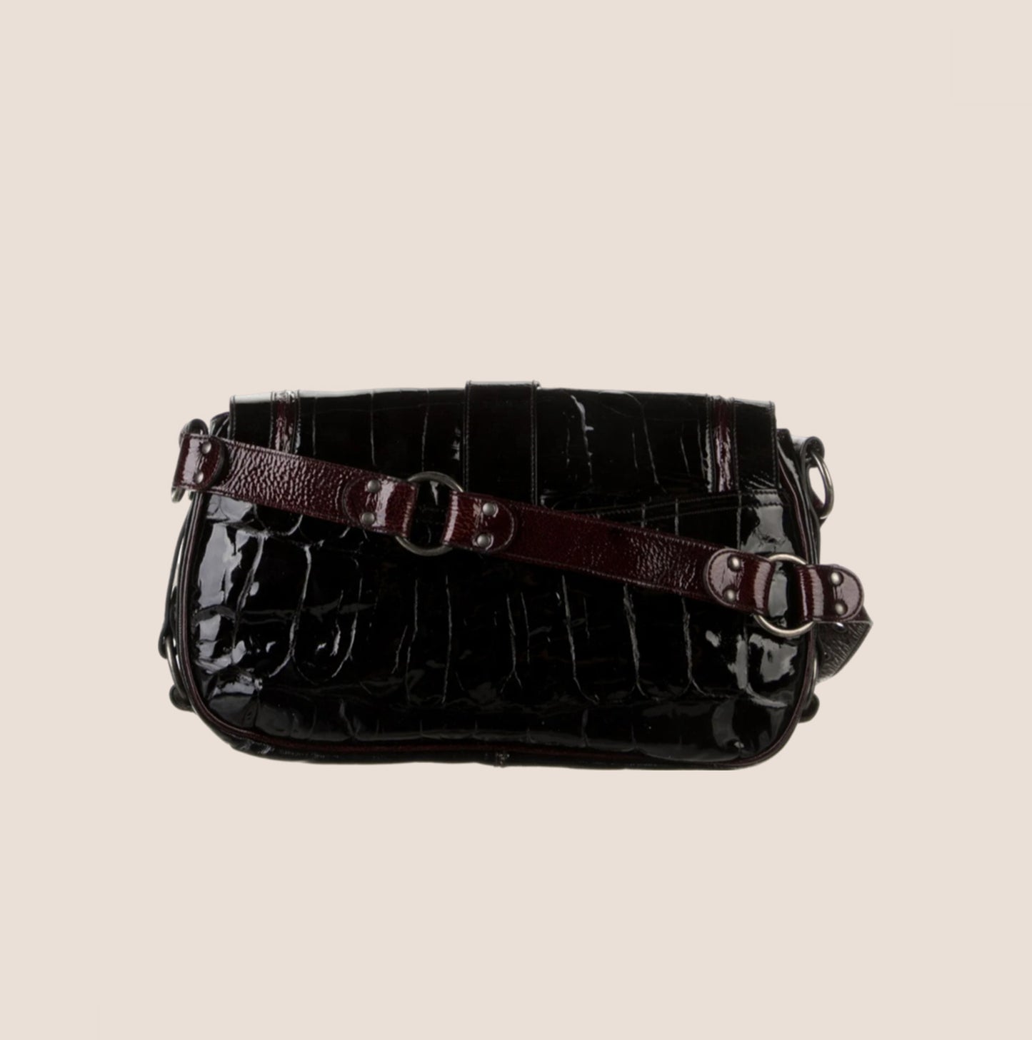 CHRISTIAN DIOR CROC EMBOSSED BLACK LEATHER PATENT GAUCHO BAG