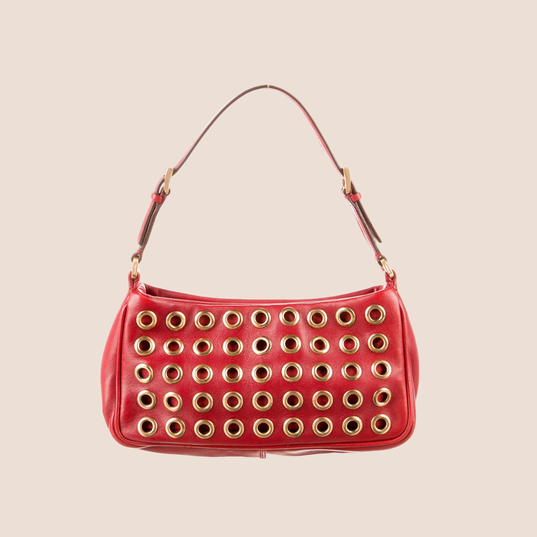 PRADA RED NAPPA GROMMET MINI POCHETTE BAG