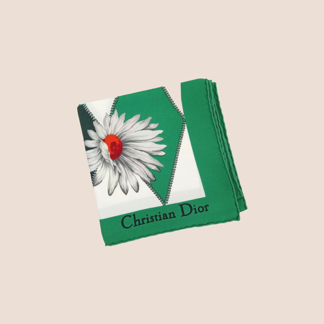 CHRISTIAN DIOR GREEN SQUARE FLOWERS SILK SCARF