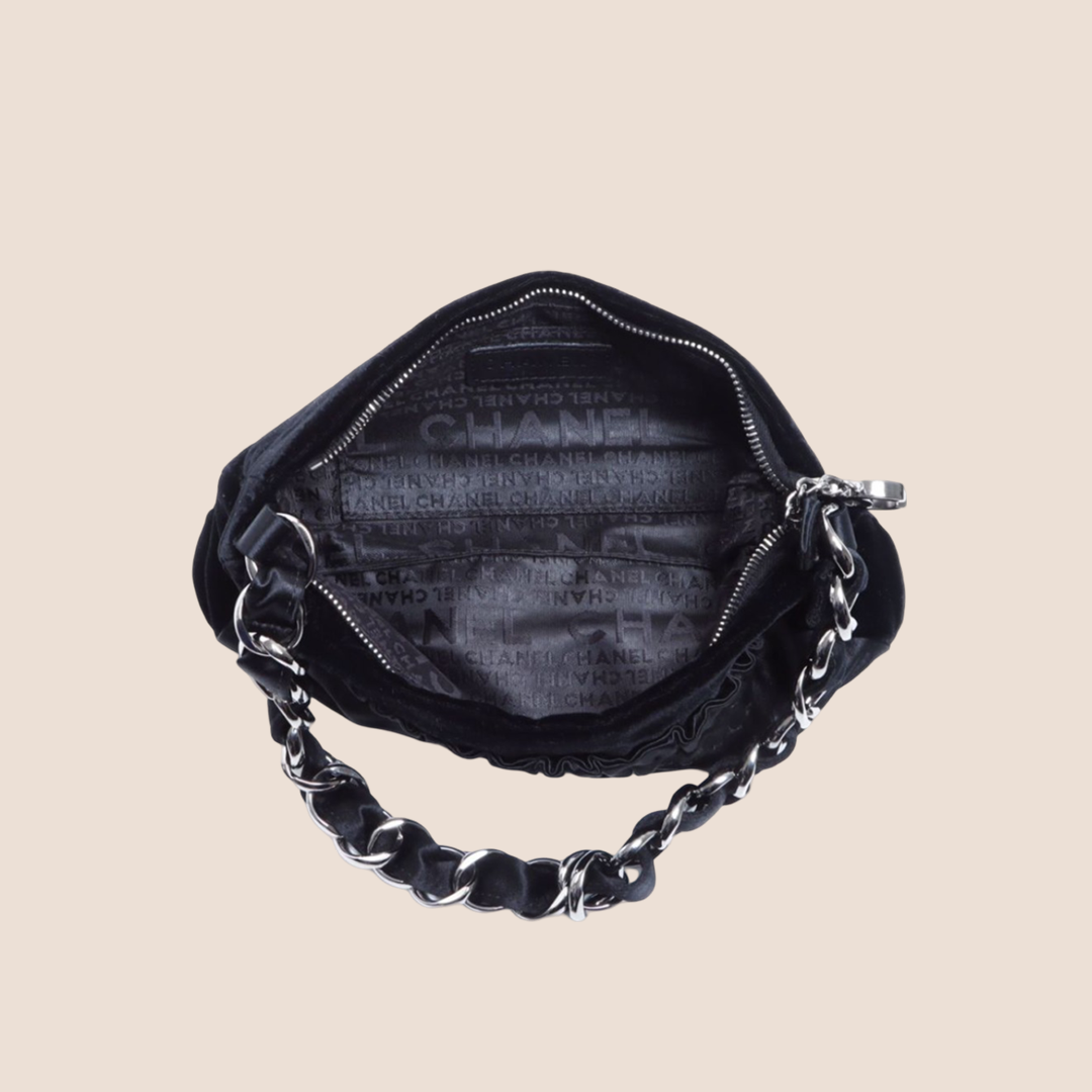 CHANEL BLACK SATIN CC LOGO CHAIN BAG