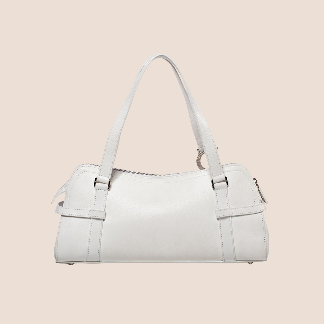 CHRISTIAN DIOR WHITE LEATHER CHARMS FLAT BOSTON BAG