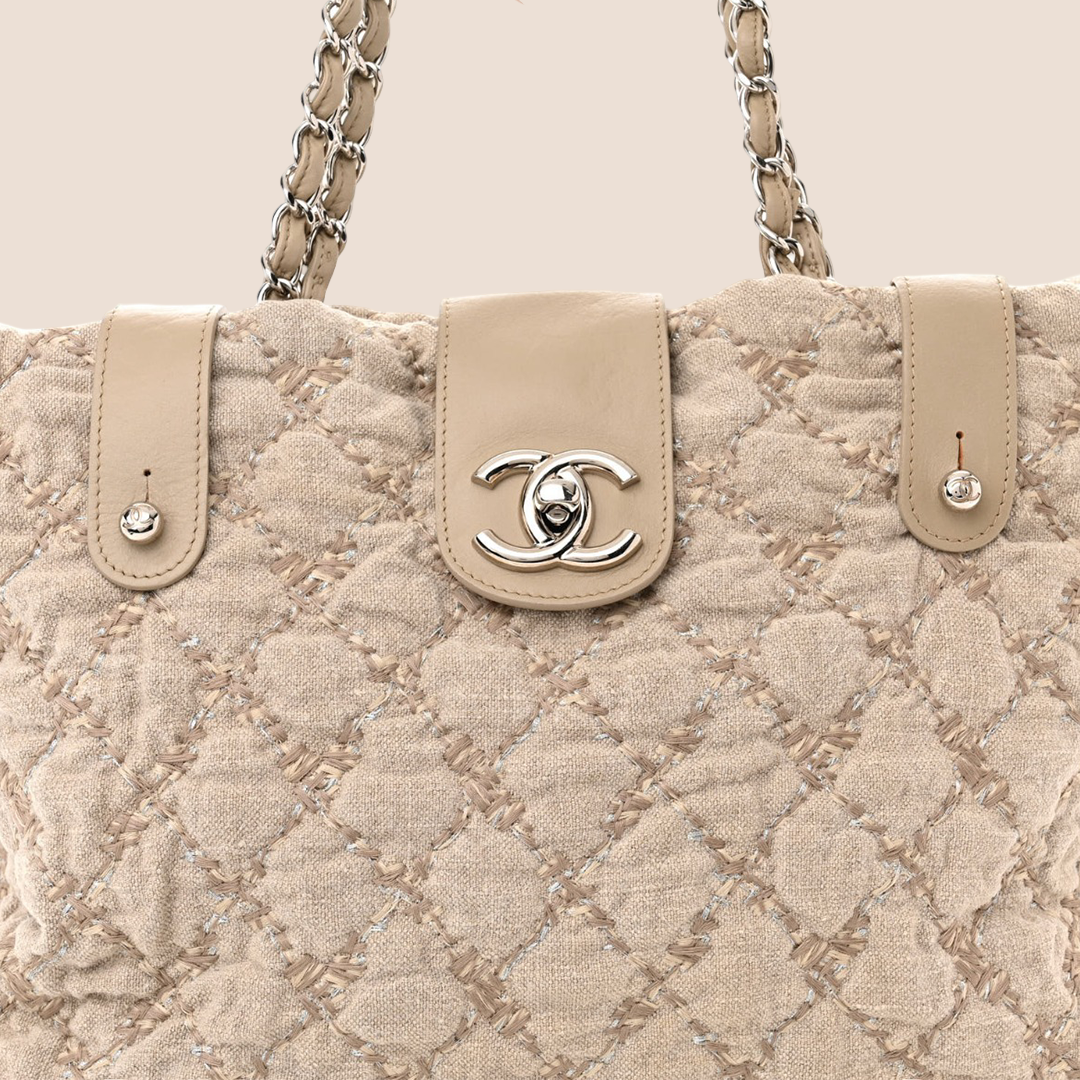 CHANEL BEIGE CANVAS QUILTED TWEED BUBBLE SHOPPING TOTE