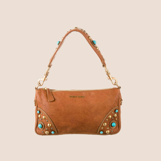 MIU MIU TAN LEATHER STUDDED SHOULDER BAG
