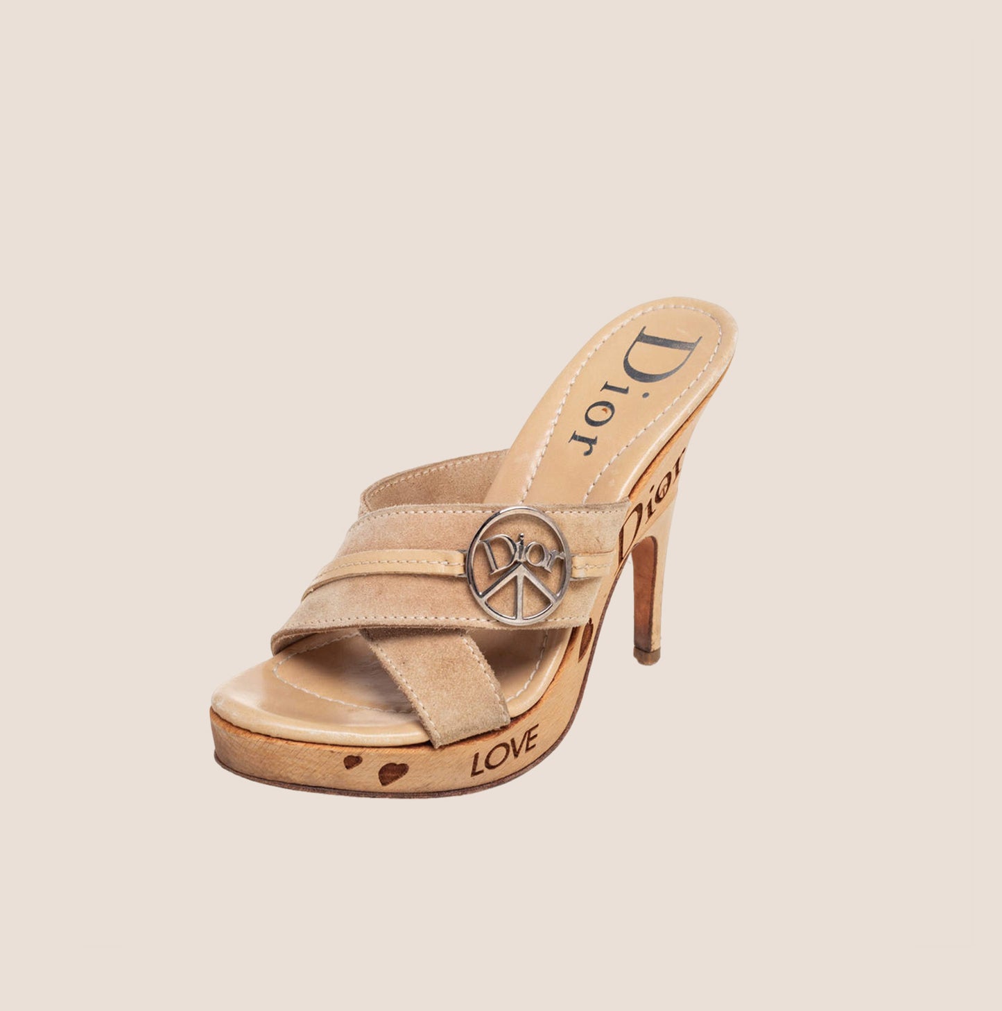 CHRISTIAN DIOR BROWN SUEDE PEACE LOGO PLATFORM HEELS