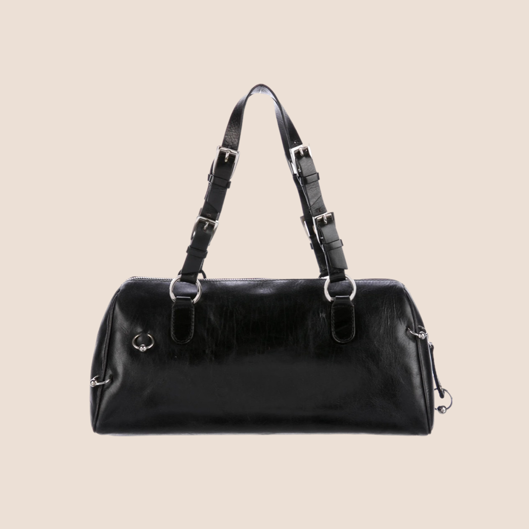 CHRISTIAN DIOR 2004 HARCORE PIERCED BLACK LEATHER BOSTON BAG