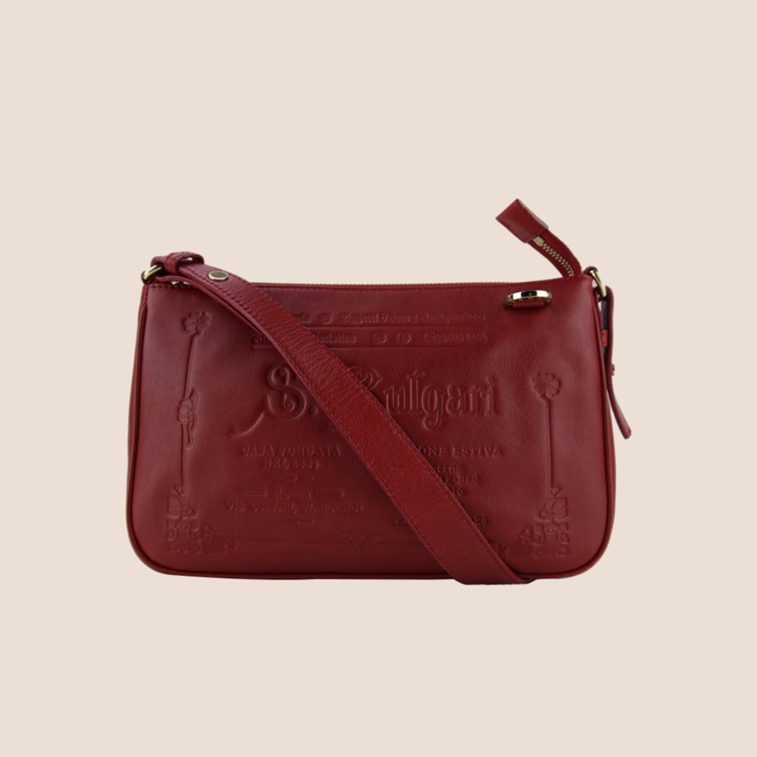 BVLGARI SLOGAN-DEBOSSED RED LEATHER SHOULDER BAG