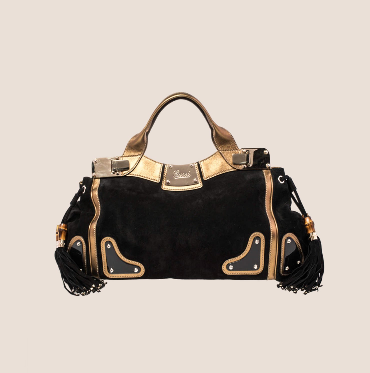 GUCCI BLACK & GOLD SUEDE RACE TASSEL TOP HANDLE BAG – RDB