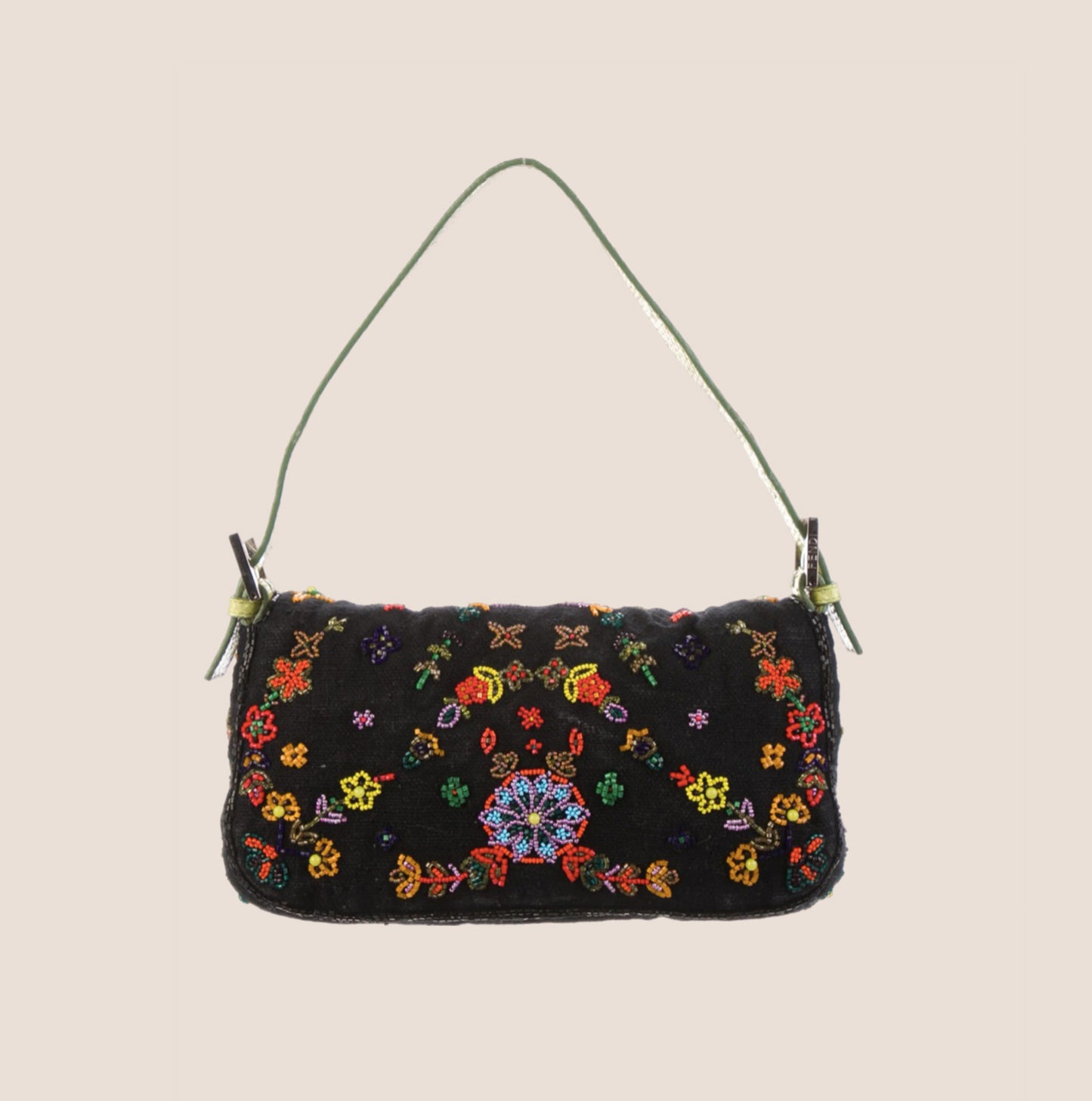 FENDI BLACK FLORAL BEADED BAGUETTE BAG