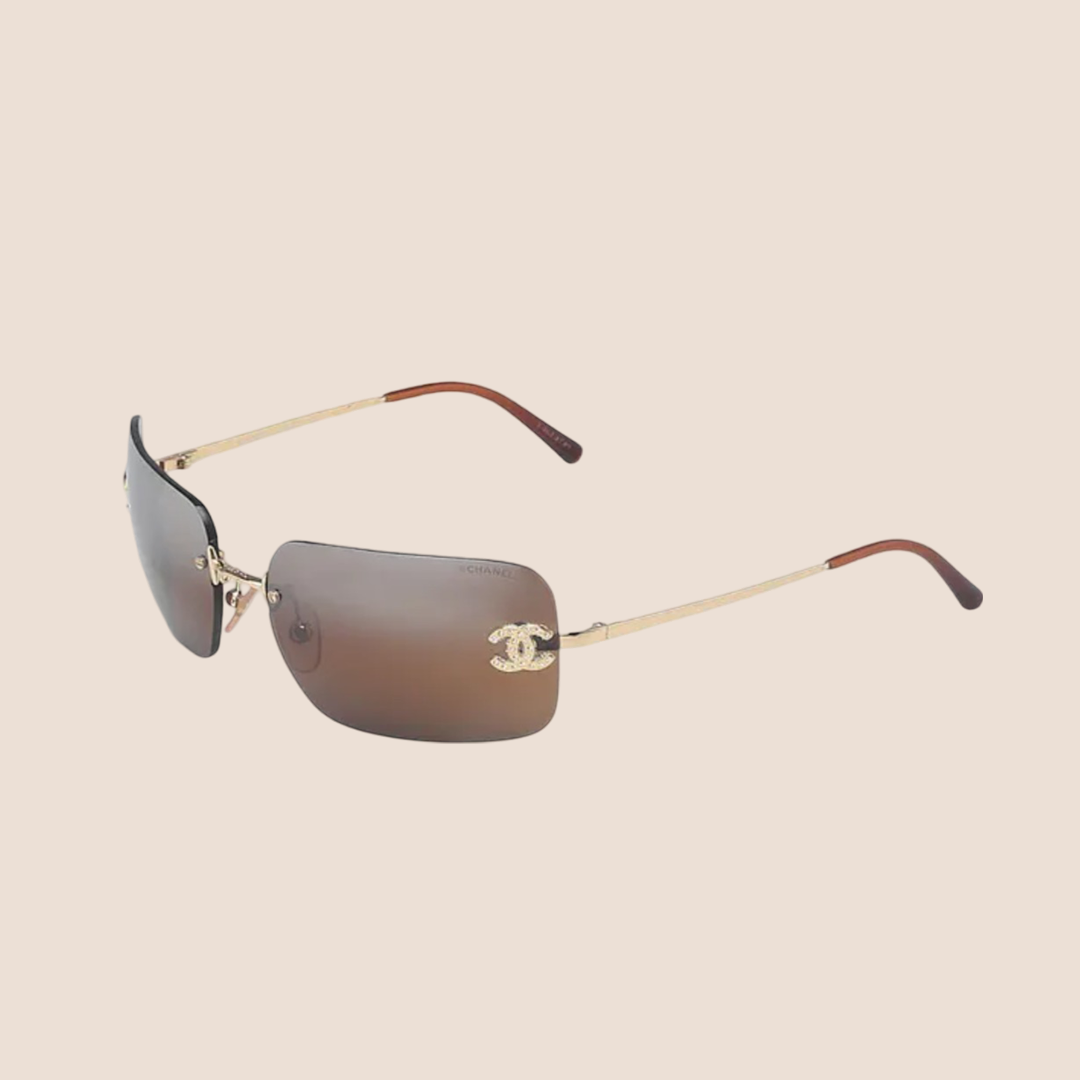 CHANEL 90s BROWN CC RHINESTONE RIMLESS SUNGLASSES