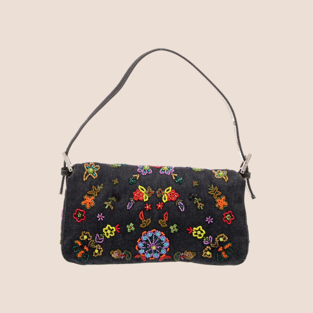 FENDI FLORAL EMBROIDERED DENIM BAGUETTE BAG