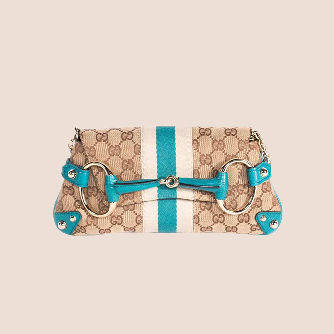 GUCCI BEIGE & BLUE MONOGRAM CANVAS HORSEBIT CLUTCH