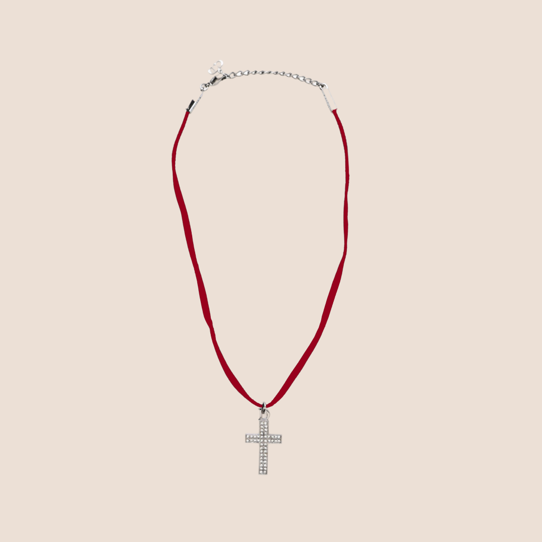 CHRISTIAN DIOR SILVER RHINESTONE CROSS CHARM CHOKER NECKLACE