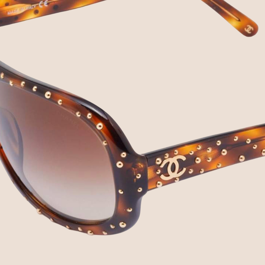 CHANEL 2000 BROWN TORTOISE STUDDED AVIATOR SUNGLASSES