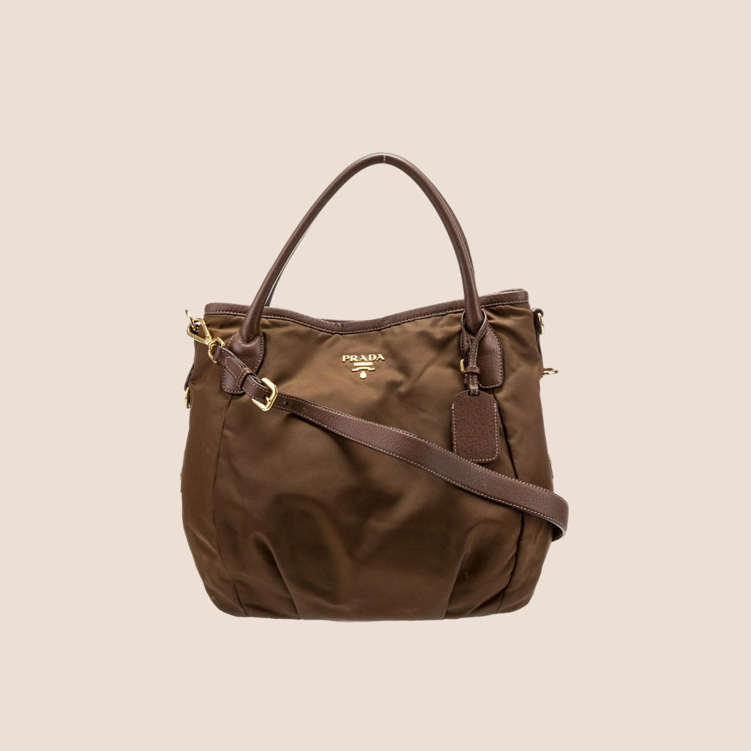 PRADA BROWN NAPPA TRIMMED TESSUTO TOTE BAG – RDB
