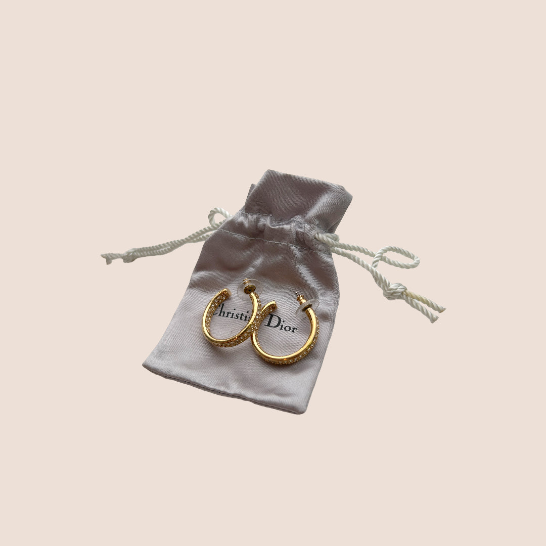 CHRISTIAN DIOR 2000s GOLD PAVÉ RHINESTONE HOOPS