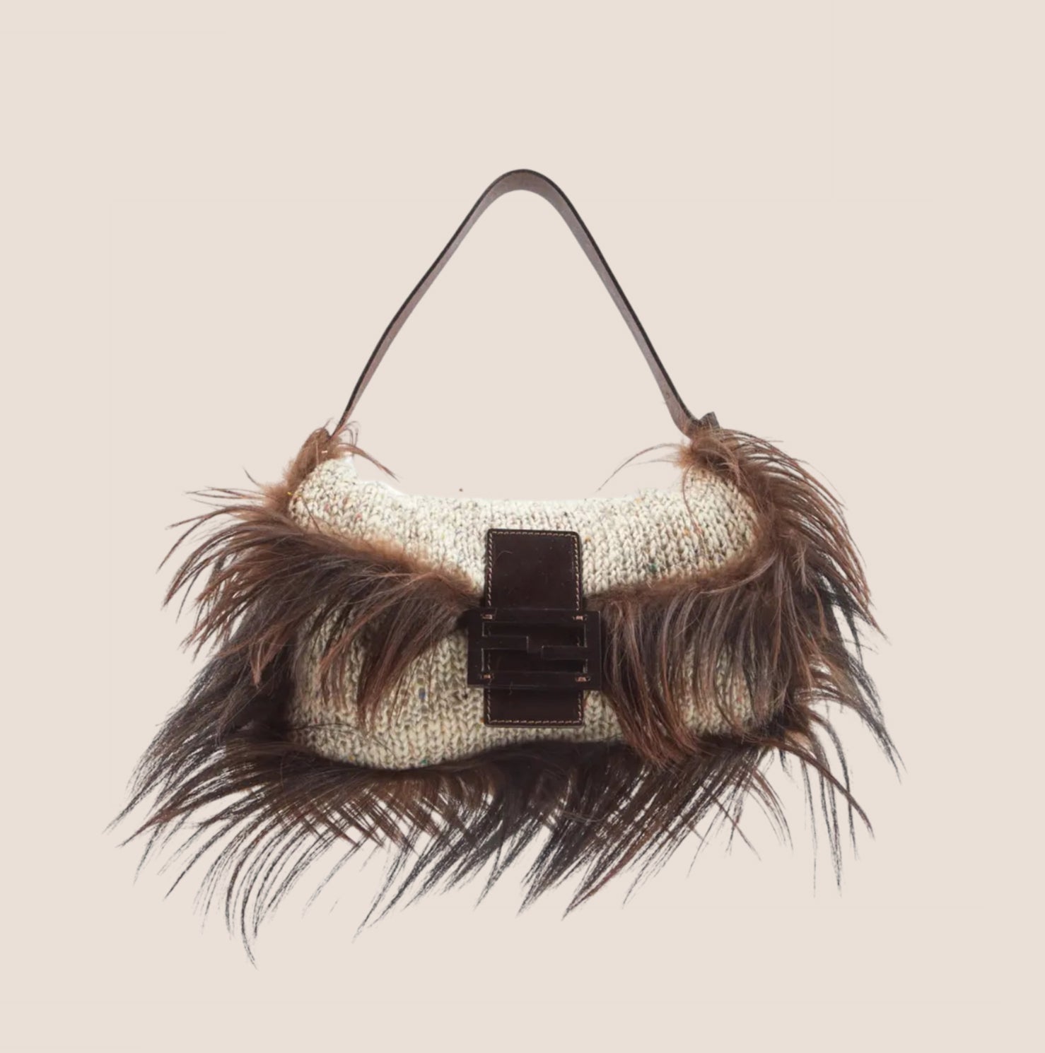 FENDI CREAM KNIT CROCHET LONG FUR TRIM BAGUETTE BAG – RDB