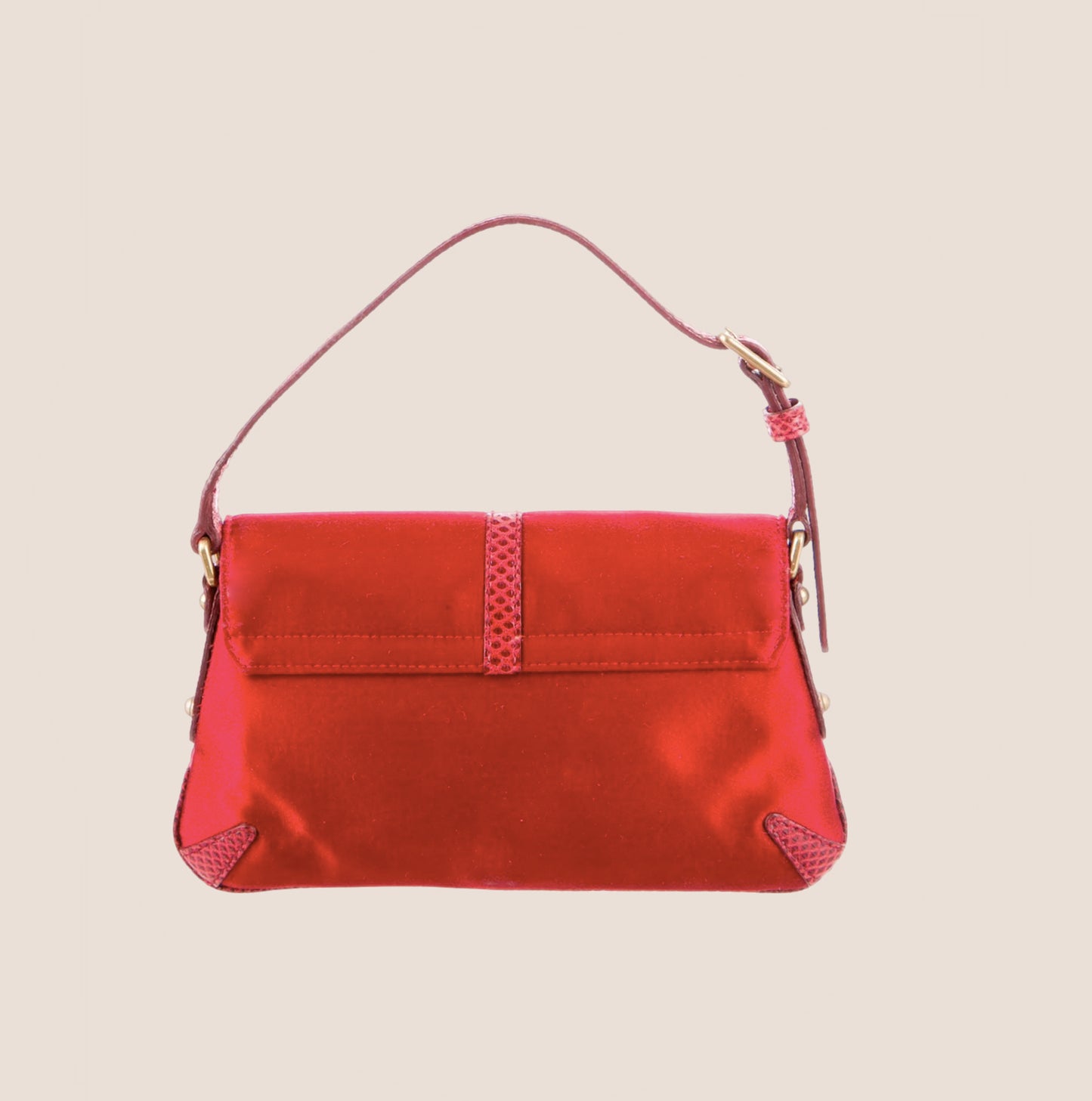GUCCI RED LIZARD SATIN REINS LOGO EVENING BAG