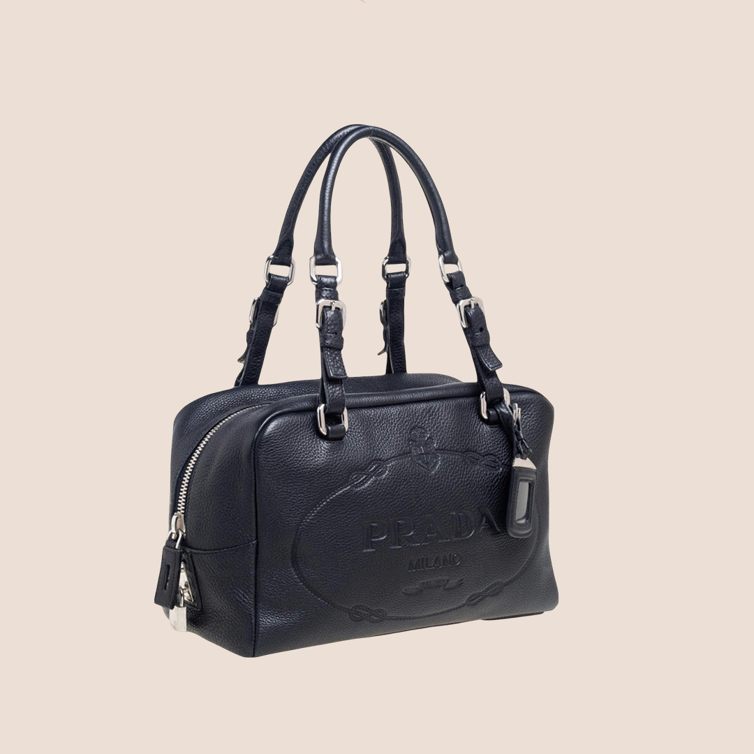 PRADA 2000 BLACK PEBBLED LOGO BAULETTO BAG