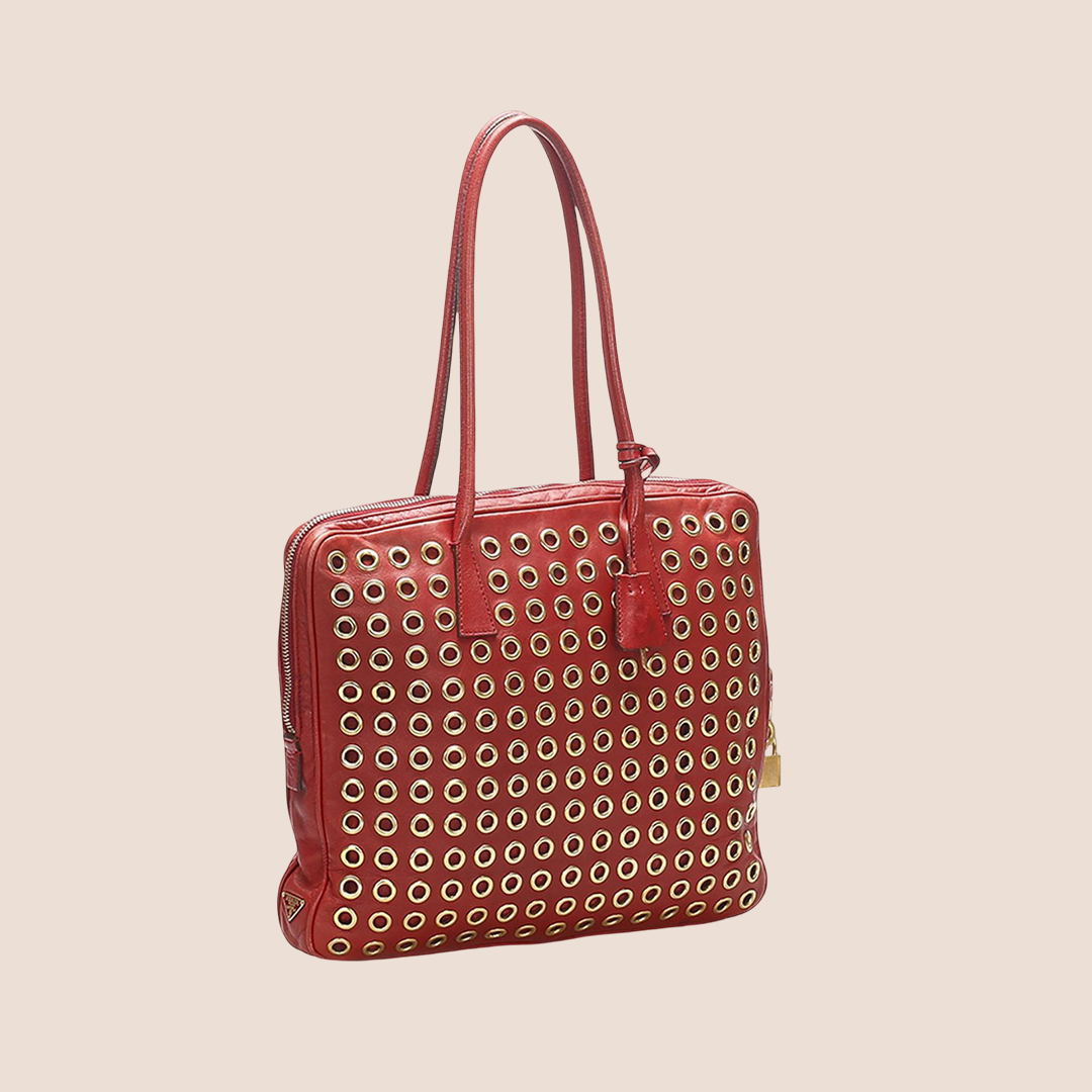 PRADA RED LEATHER GROMMET FLAT TOTE BAG