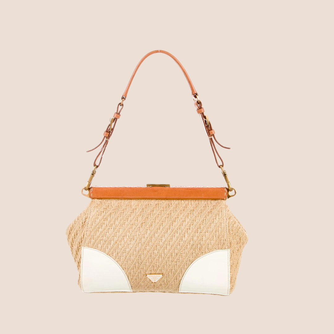 PRADA 2000 LEATHER TRIMMED BURLAP BAG
