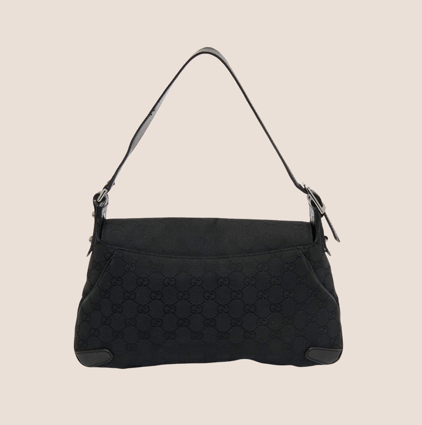 GUCCI BLACK GG MONOGRAM CANVAS HORSEBIT SHOULDER BAG