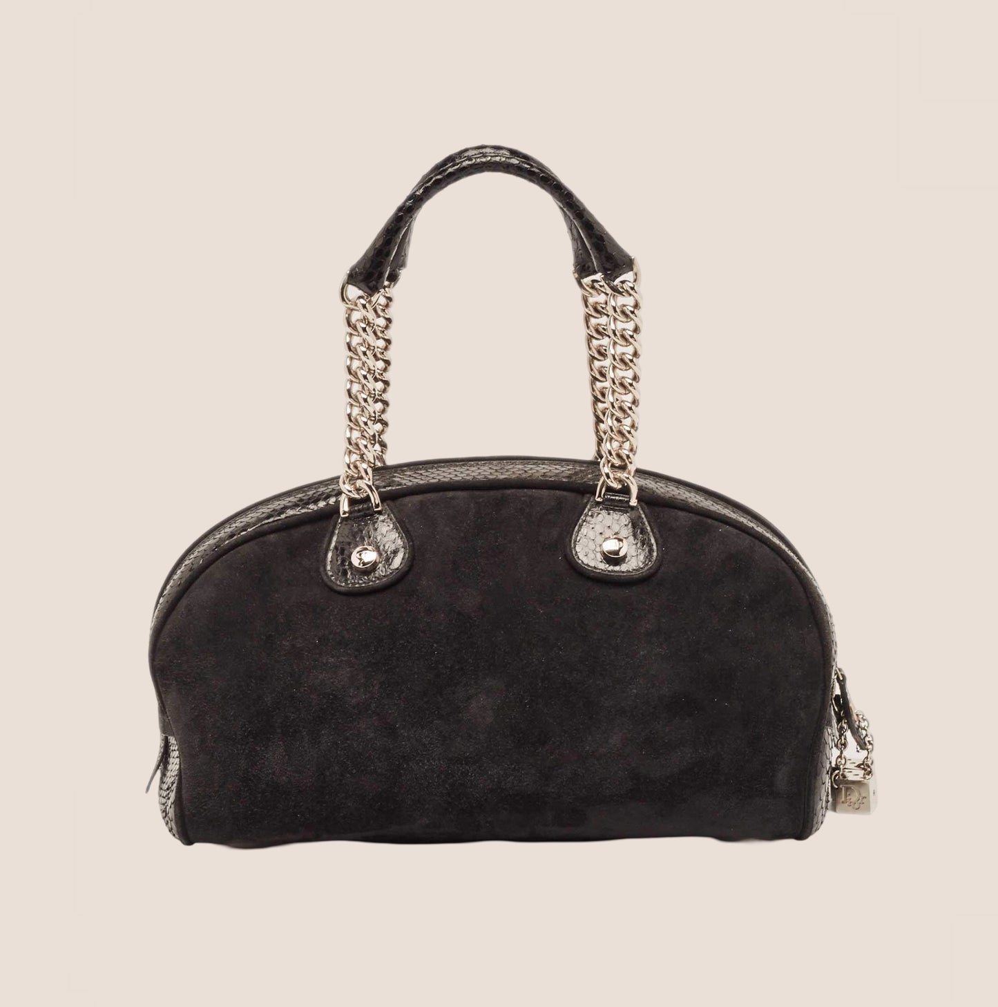 CHRISTIAN DIOR 2004 PYTHON TRIMMED BLACK SUEDE GAMBLER DICE BOWLER BAG