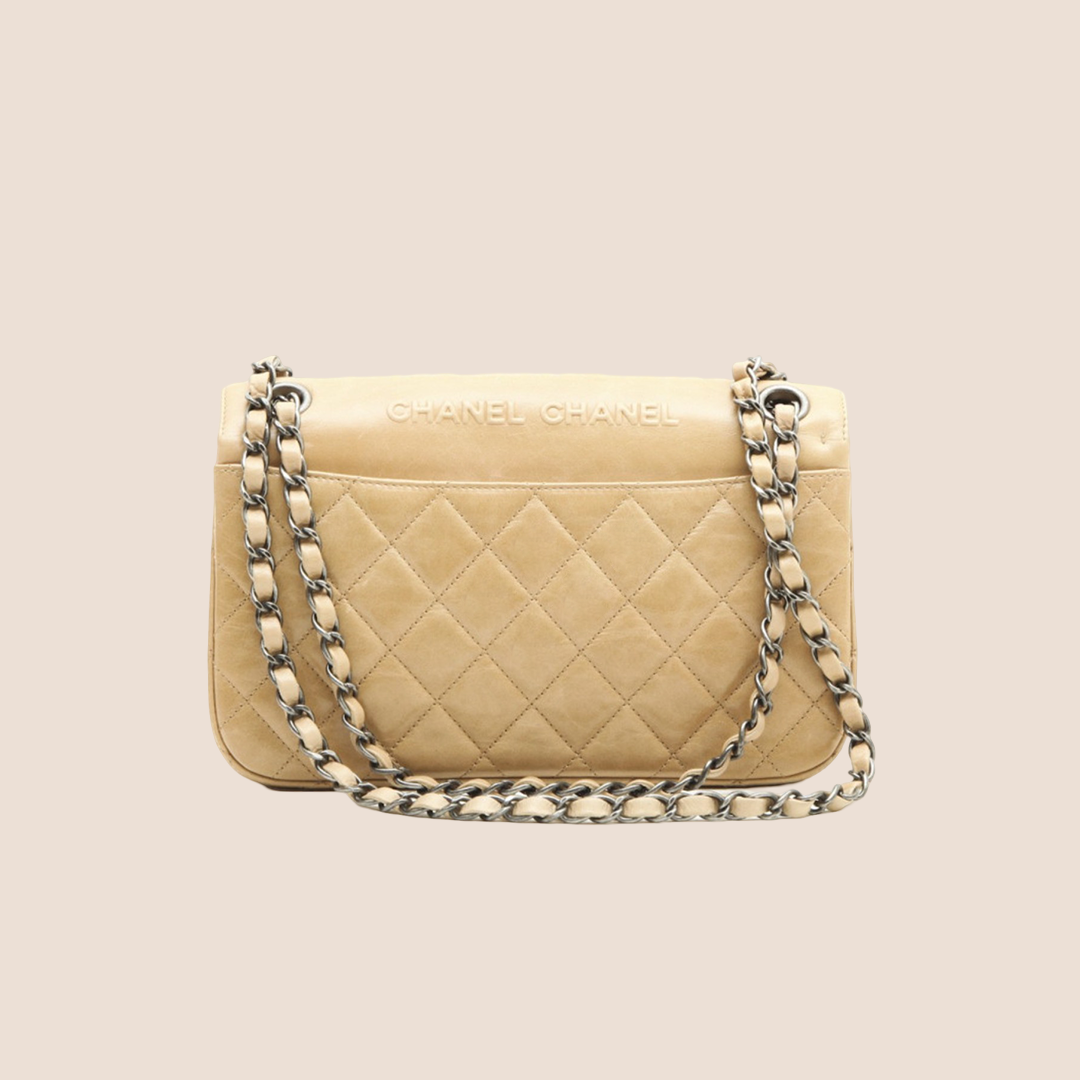 CHANE BEIGE LAMBSKIN EMBOSSED PARIS-DALLAS FLAP BAG