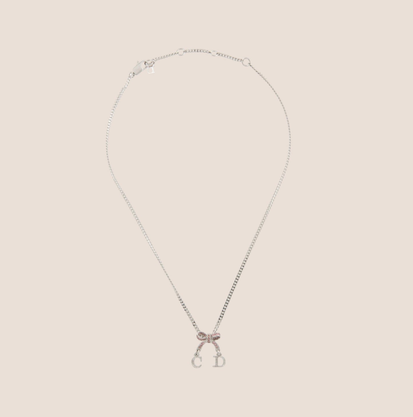 CHRISTIAN DIOR PINK CRYSTAL INITIAL BOW PENDANT NECKLACE