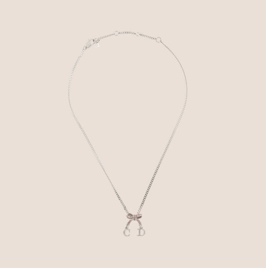 CHRISTIAN DIOR PINK CRYSTAL INITIAL BOW PENDANT NECKLACE