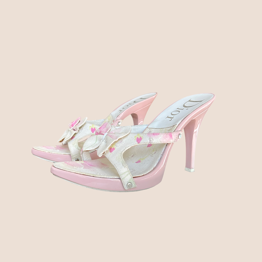 CHRISTIAN DIOR 2003 DISTRESSED PINK FLORAL PLATFORM HEELS