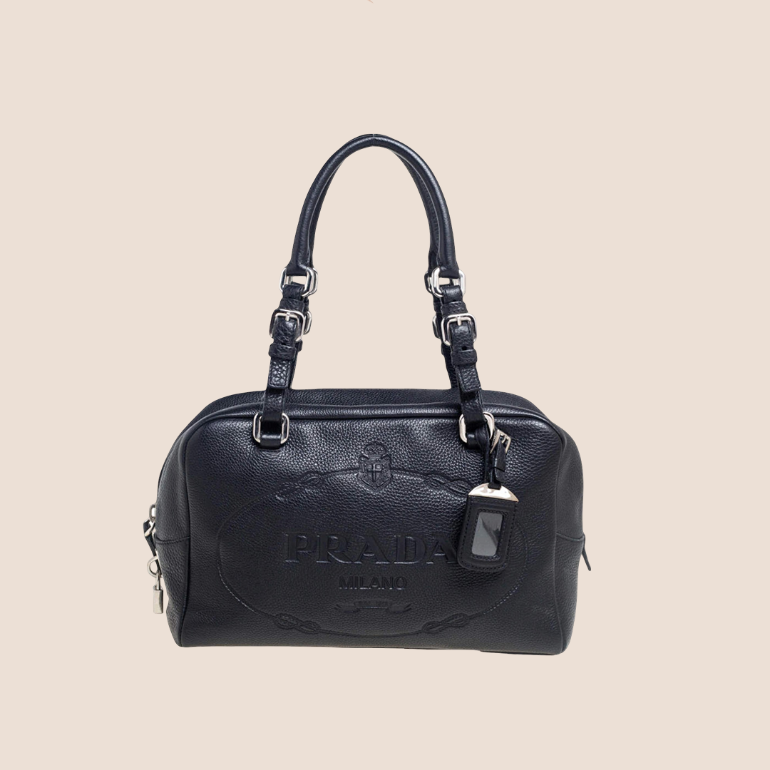 PRADA 2000 BLACK PEBBLED LOGO BAULETTO BAG