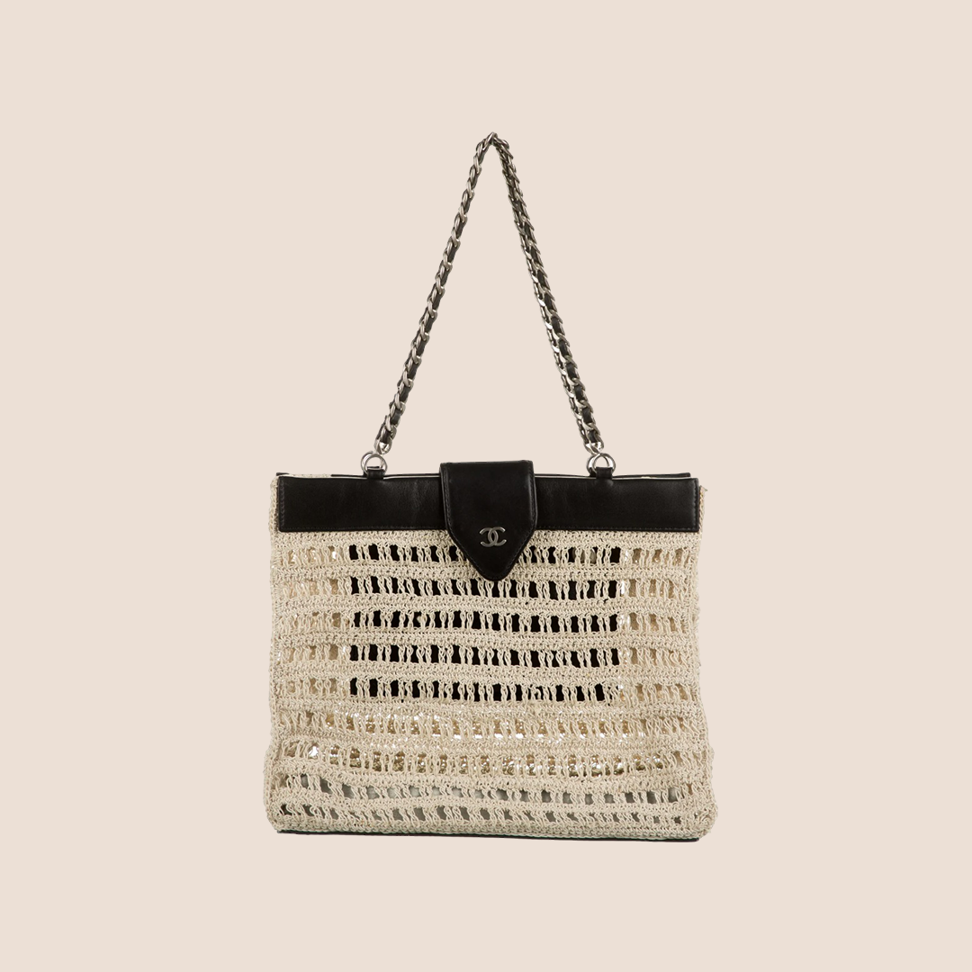 CHANEL BEIGE & BLACK WOVEN TOTE BAG
