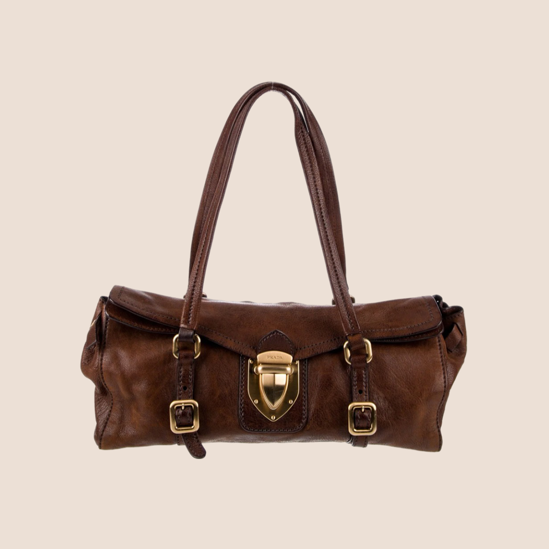 バッグ 90s PRADA archive brown leather bag PRADA Archive Mesh Leather Basket Bag Brown Ivory W/Pouch
