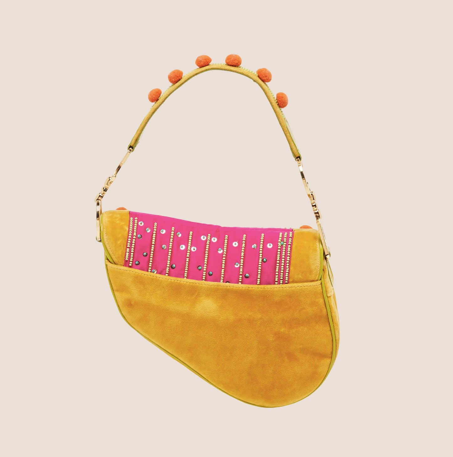 CHRISTIAN DIOR 2002 MULTICOLOR VELVET LIMITED EDITION POM POM SADDLE BAG