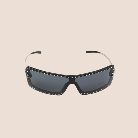 CHANEL BLACK CRYSTAL EMBELLISHED SHIELD SUNGLASSES