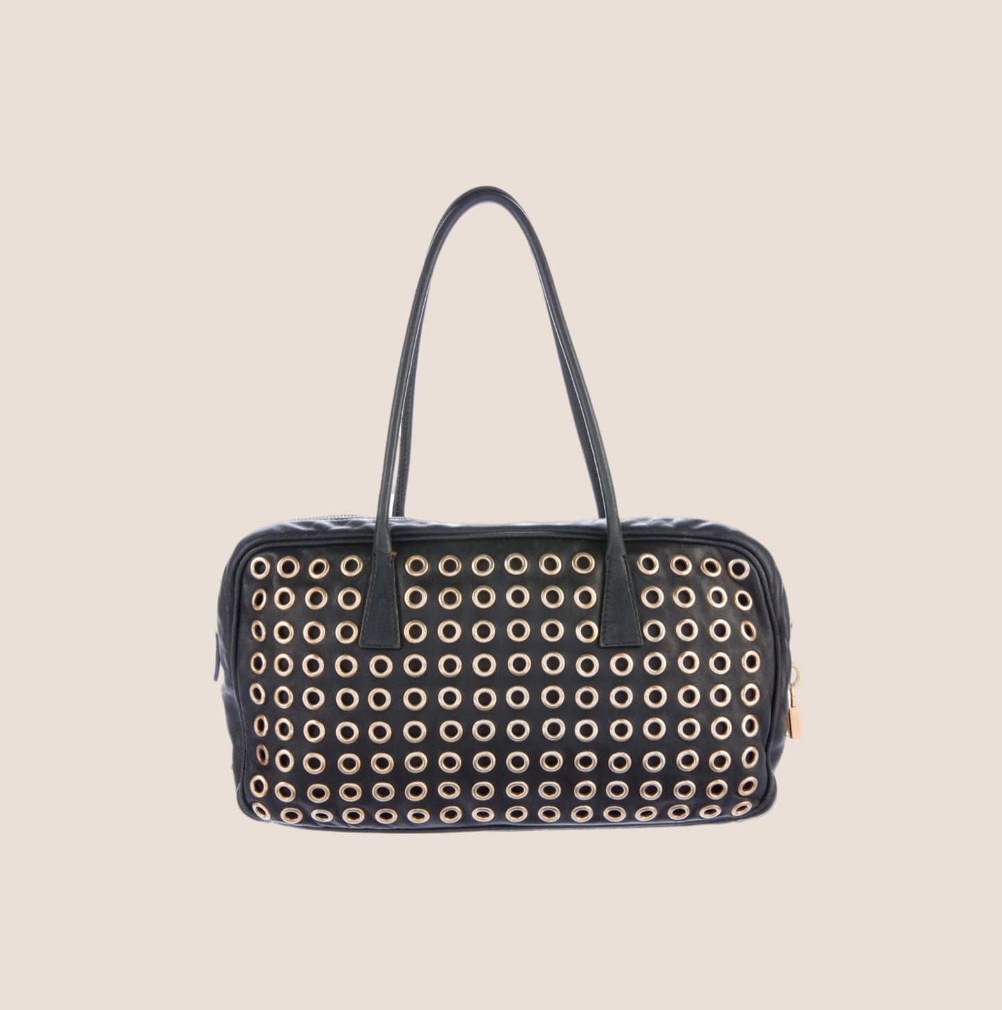 PRADA 2000 BLACK RIVET STUDDED BAULETTO BAG