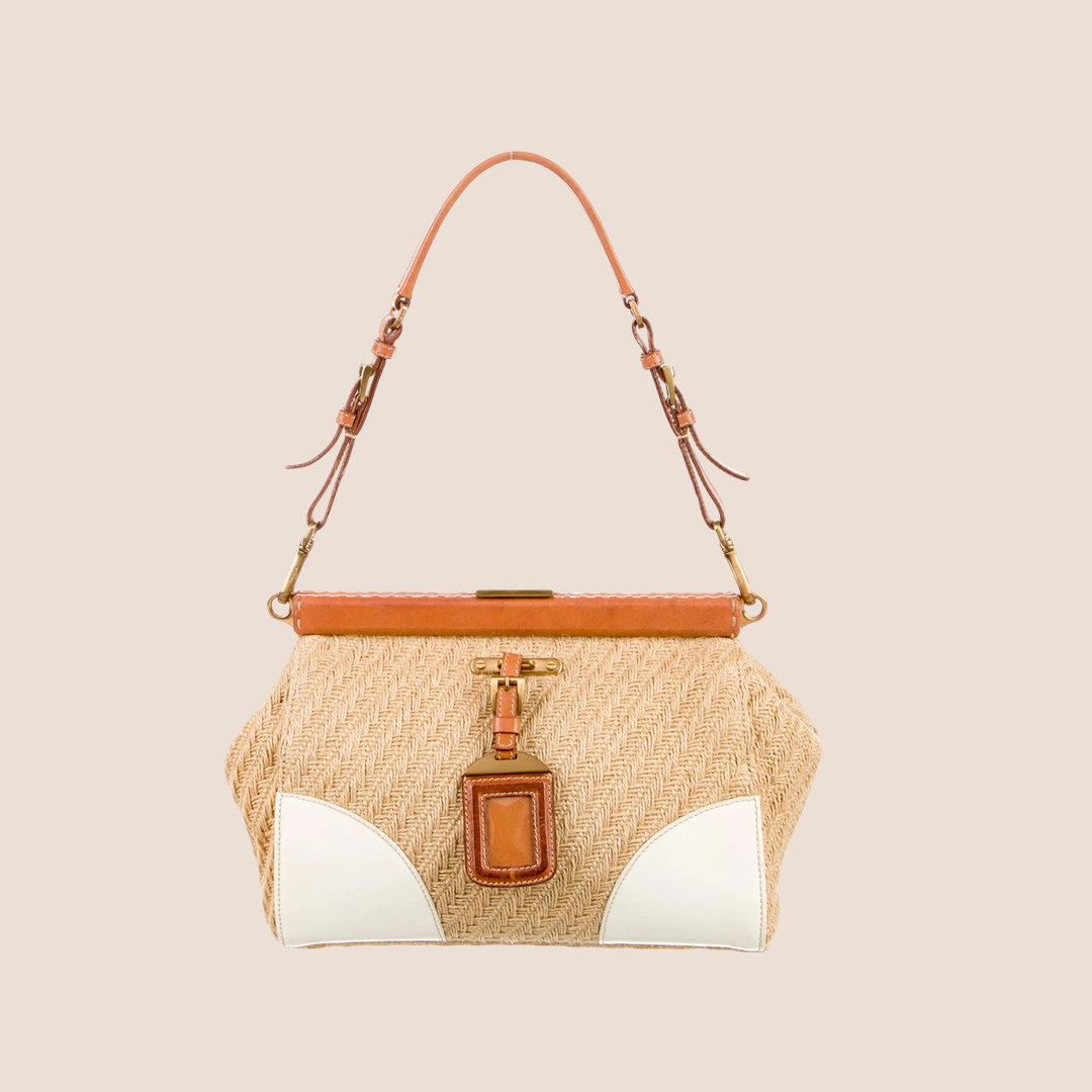 PRADA 2000 LEATHER TRIMMED BURLAP BAG